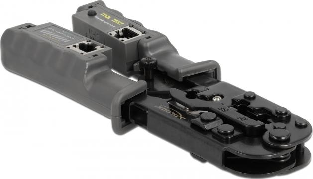 Delock 90510 Crimpzange mit Abisolierer und Netzwerktester für RJ45, RJ12/11 und RJ10 Stecker - Grau, Schwarz