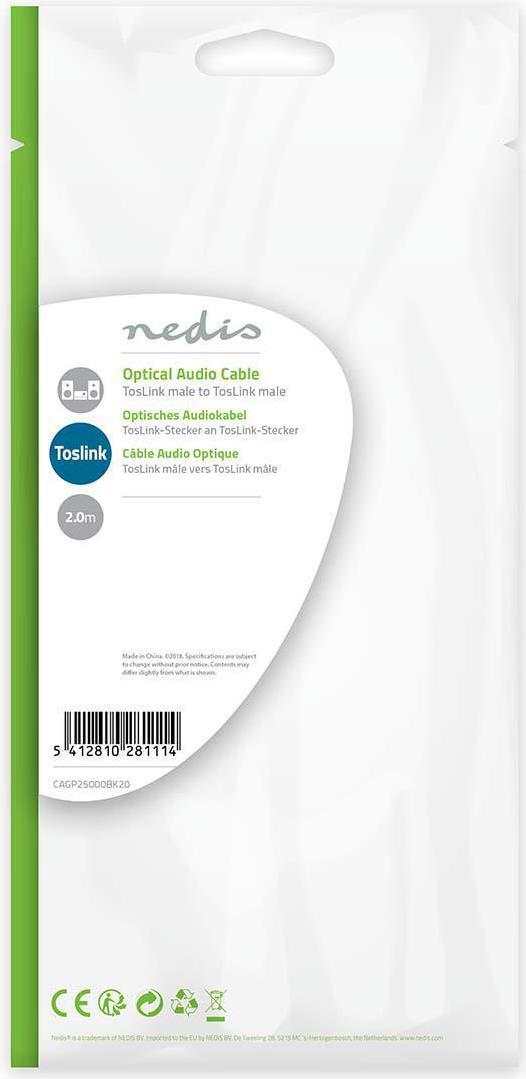 NEDIS Optisches Audiokabel | Toslink Stecker | Toslink Stecker | 2.00 m | rund | PVC | Schwarz | Pla