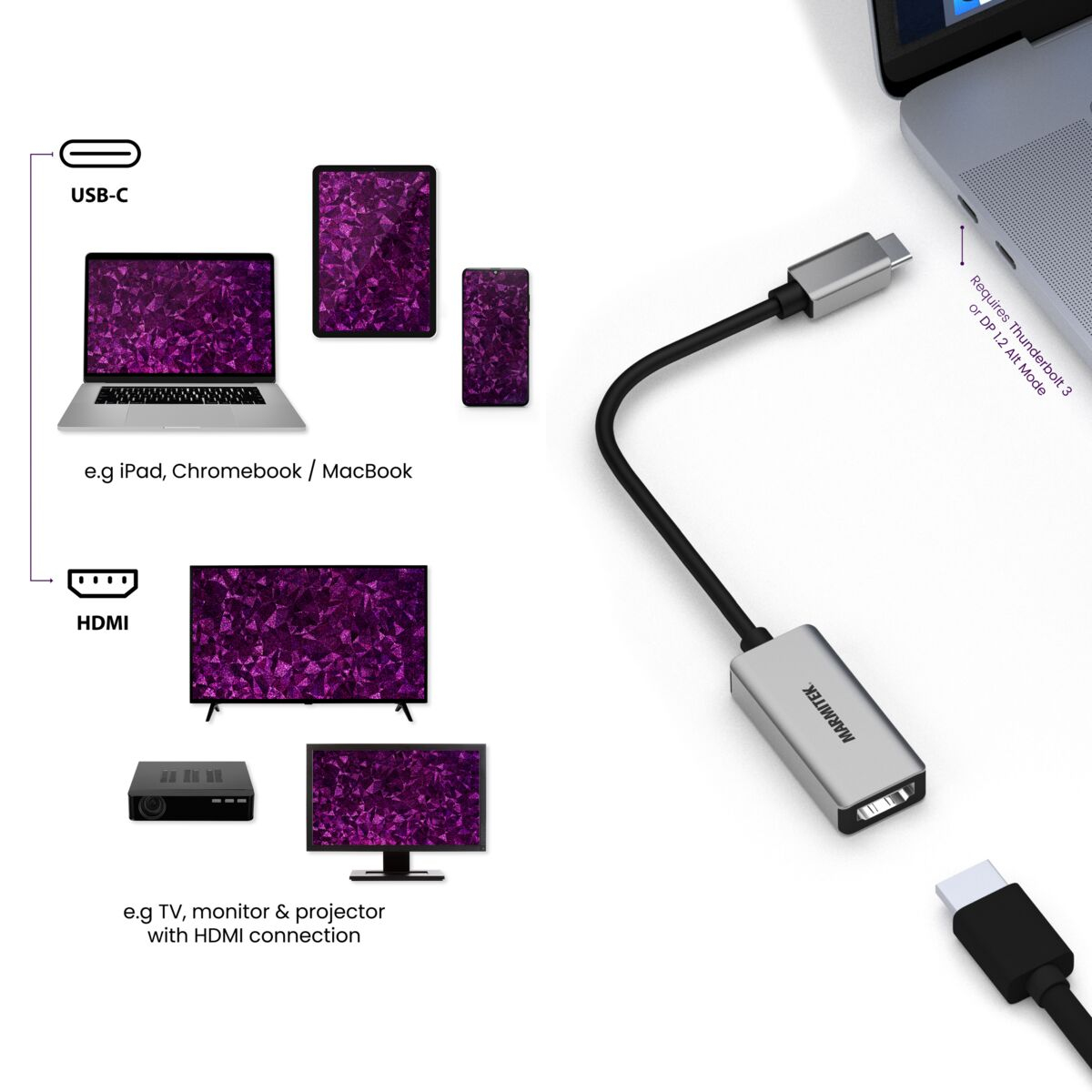 Marmitek Connect USB-C auf HDMI Videoadapter 0,15 m 18 Gbit/s Schwarz, Silber