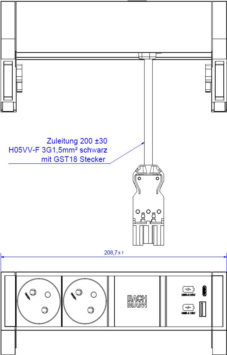 Bachmann DESK2 Steckdosenleiste Farbe weiss, ähnlich RAL9010 mit erhöhtem Berührungsschutz 2xUTE 35° Steckdosen, schwarz 1xUSB A&C 22 Charger Zuleitung 0,2m H05VV-F3G1,5mm² schwarz mit GST18i3 Stecker inkl. Haltewinkel Logo verpackt im Karton (902.950)