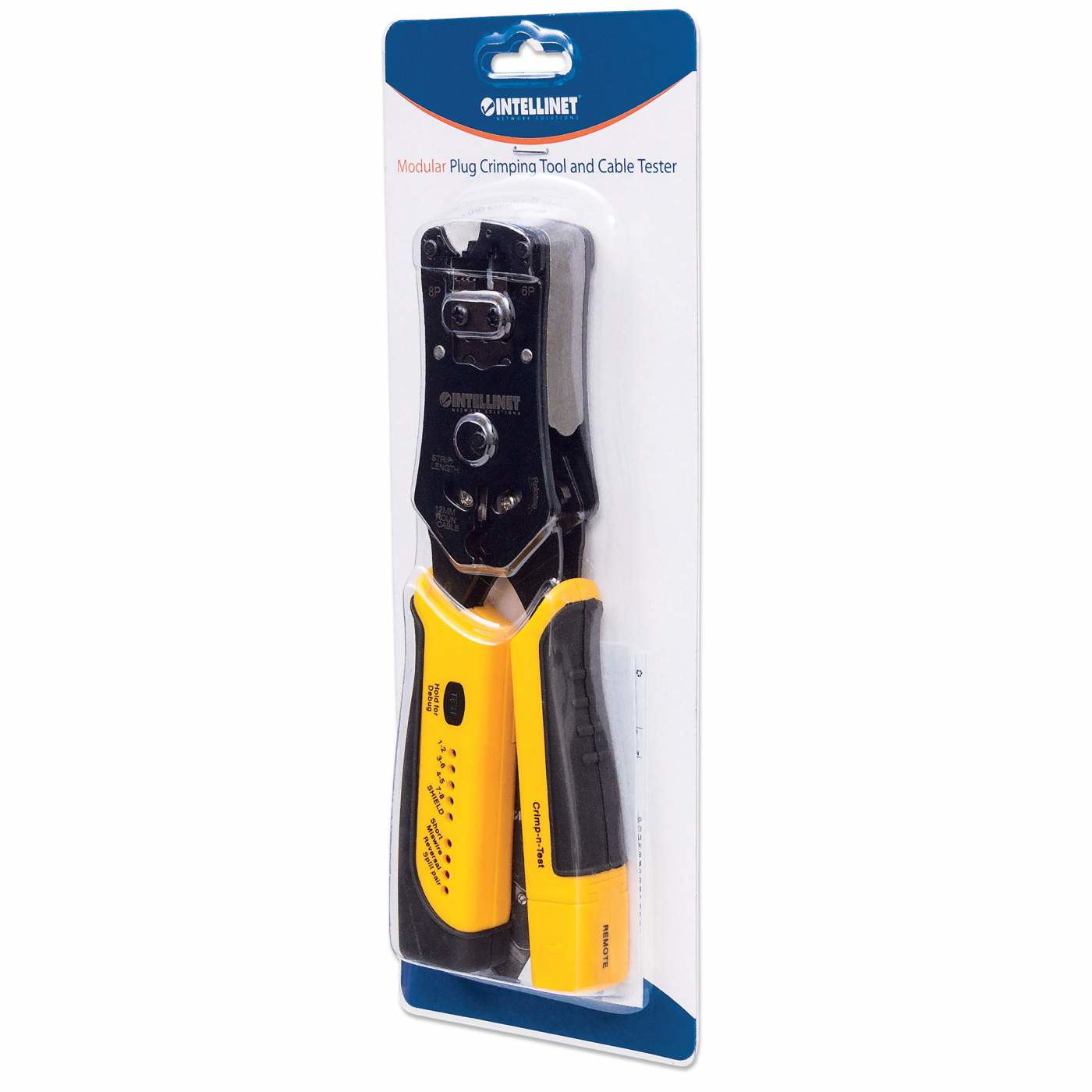 Intellinet Universal Crimpwerkzeug und Kabeltester, 2-in-1 Crimpzange und Kabelprüfer Schwarz, Gelb