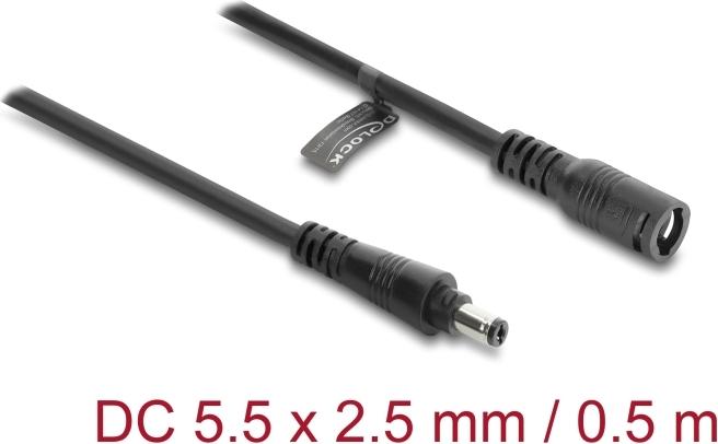 Delock DC Verlängerungskabel 5,5 x 2,5 mm Stecker zu Buchse mit Bajonettverschluss 18 AWG, 0,5 m schwarz (67391)