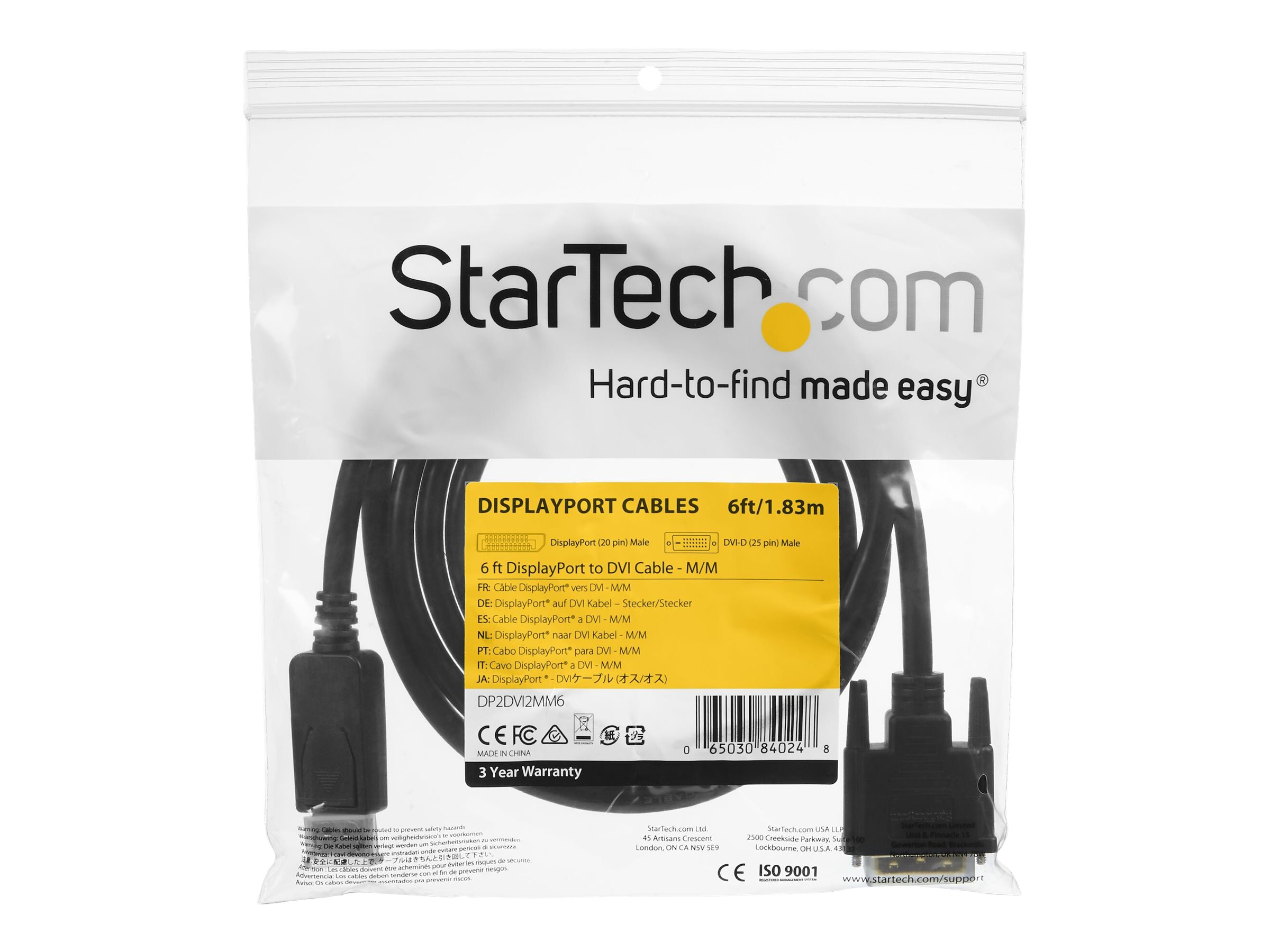 StarTech DP2DVI2MM6 DisplayPort auf DVI Adapterkabel 1.8 m Schwarz