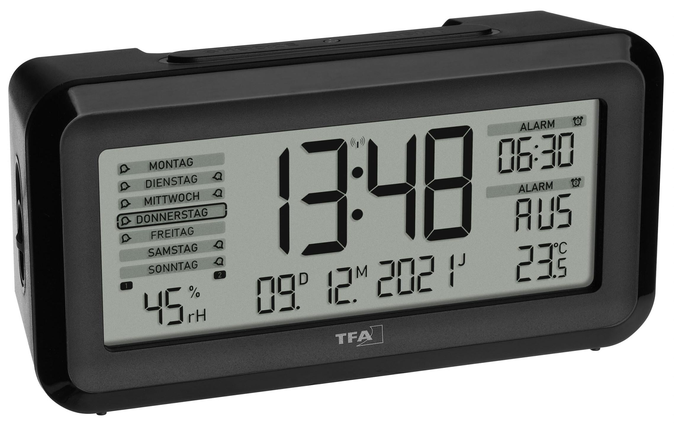 TFA Dostmann Boxx2 Funkwecker LED 2 Alarmzeiten Akkubetrieb Schwarz, Silber