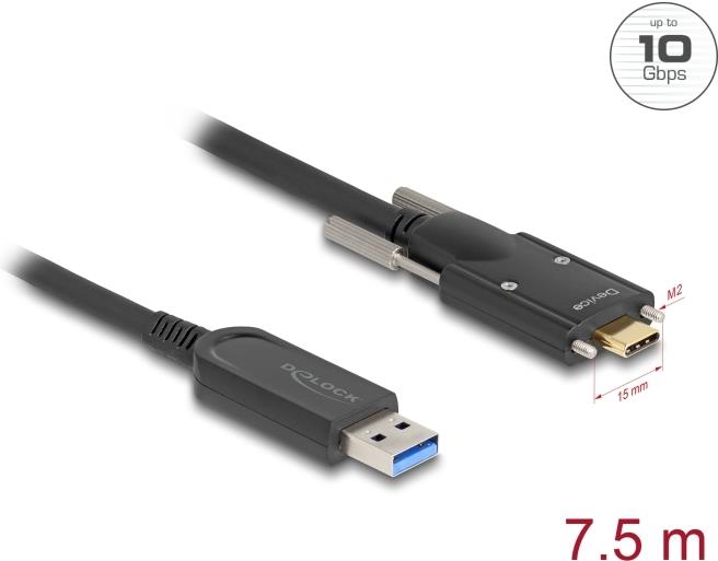 Delock Aktives Optisches Kabel USB 10 Gbps Typ-A Stecker zu USB Type-C™ Stecker mit Schrauben seitlich 7,5 m (83201)