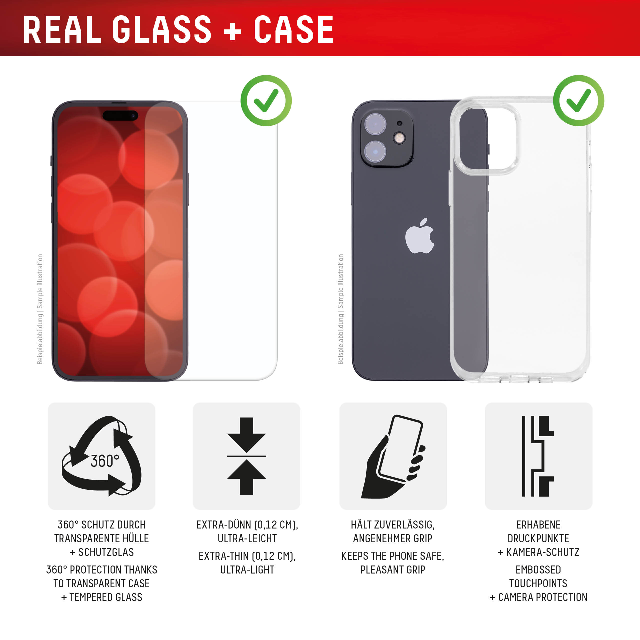 E.V.I. DISPLEX Real Glass MountMaster Panzerglas + Schutzhülle für iPhone 16e/17e Transparent