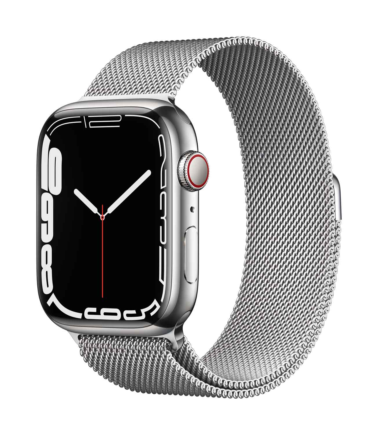 Apple Watch S7 Edelstahl 45mm Cellular Silber Milanaise silber 45mm Edelstahlgehäuse Silber, Milanaise Armband silber. Armband 150-200 mm Umfang. (MKJW3FD/A)