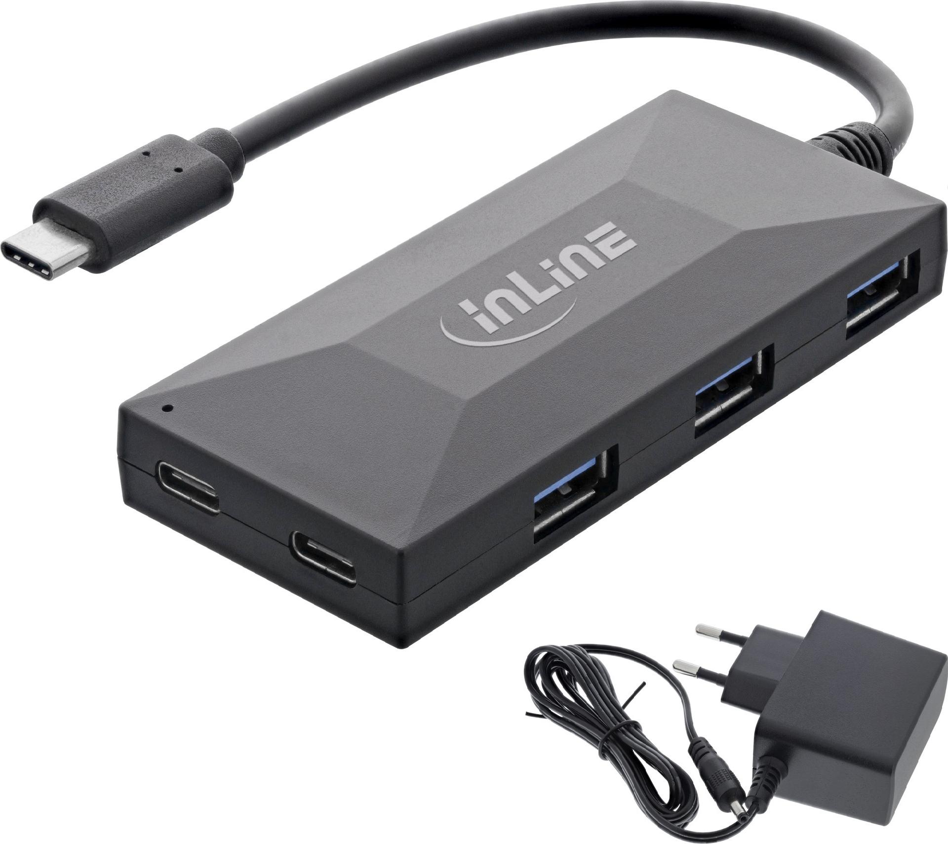 InLine OTG USB-Hub USB-C zu 3x USB-A und 2x USB-C, USB 3.2 Gen 1, mit Netzteil, Schwarz