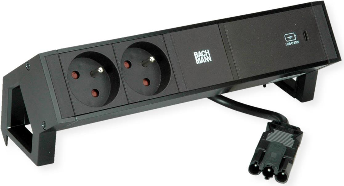 Bachmann DESK2 Steckdosenleiste Farbe schwarz, ähnlich RAL9005 mit erhöhtem Berührungsschutz 2xUTE 35° Steckdosen, schwarz 1xUSB C 60W Charger Zuleitung 0,2m H05VV-F3G1,5mm² schwarz mit GST18i3 Stecker inkl. Haltewinkel Logo verpackt im Karton (902.982)