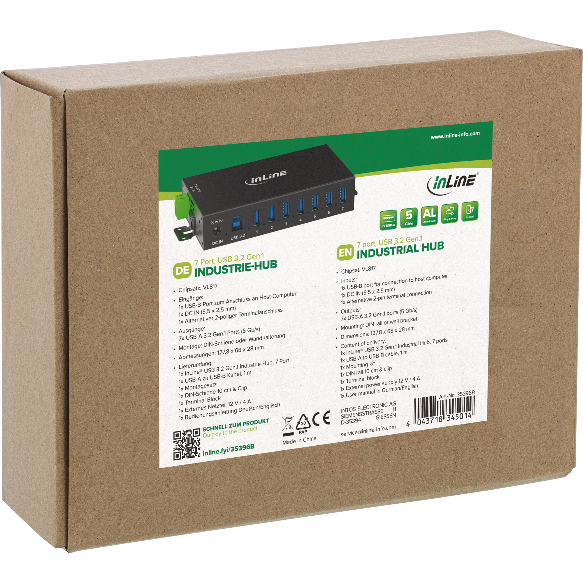 InLine 353956B USB 3.2 Gen.1 Industrie-Hub 7-Port mit Netzteil Aluminiumgehäuse Schwarz
