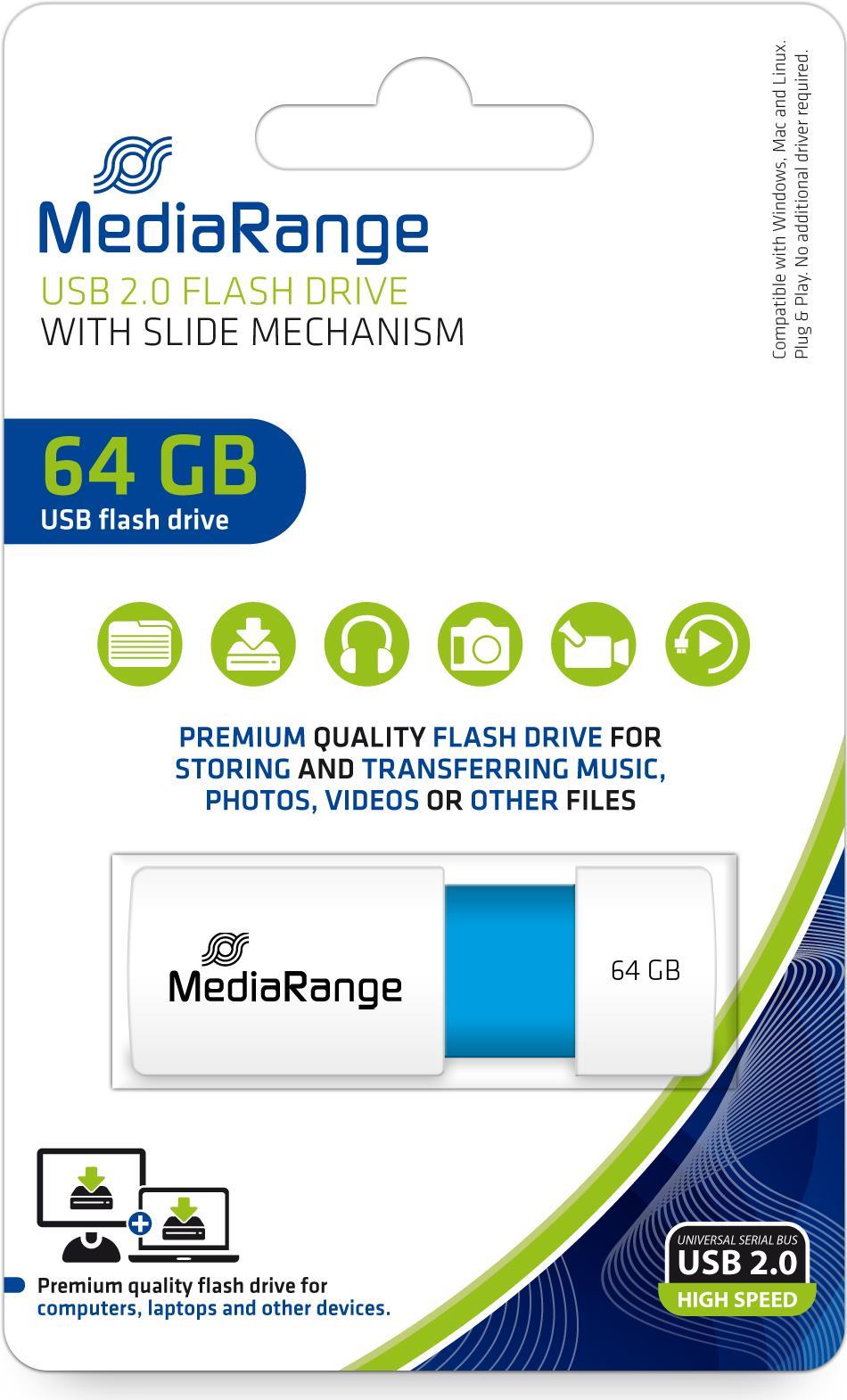 MediaRange USB Stick 64GB MR974 USB-Stick USB Typ-A 2.0 Blau - Weiß (MR974)