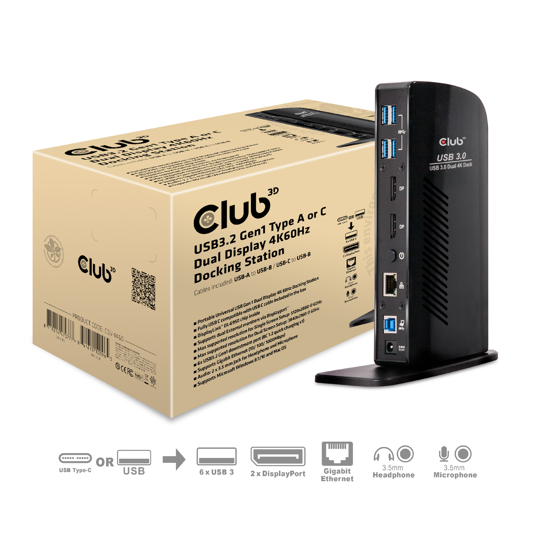 Club 3D SenseVision CSV-1460 USB 3.0 Dual Display 4K60Hz Dockingstation Schwarz