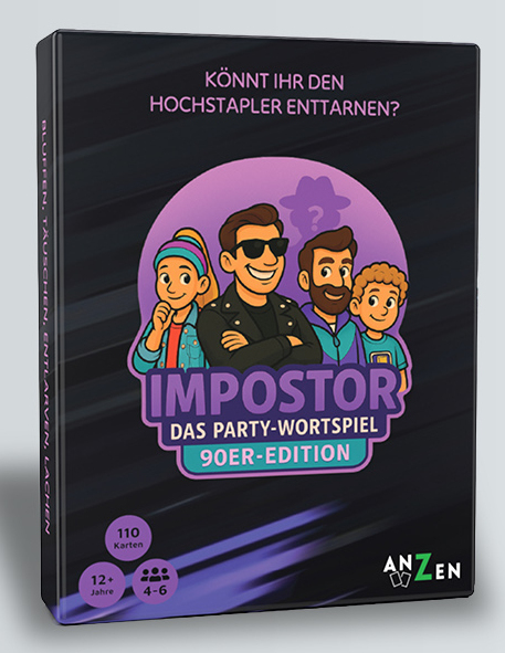 Anzen IMPOSTOR 90er-Edition Partyspiel mit 110 Karten, 4-6 Spieler ab 12 Jahren