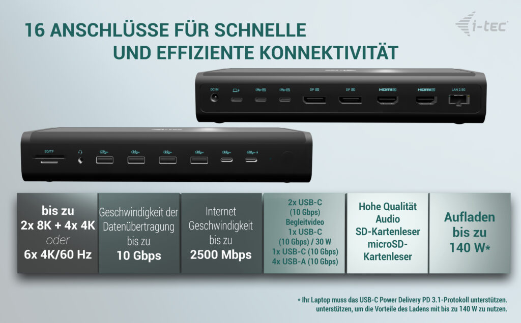 i-Tec CA6MONITORDOCKPD Thunderbolt 4 Dockingstation 2x HDMI 2x DP Schwarz