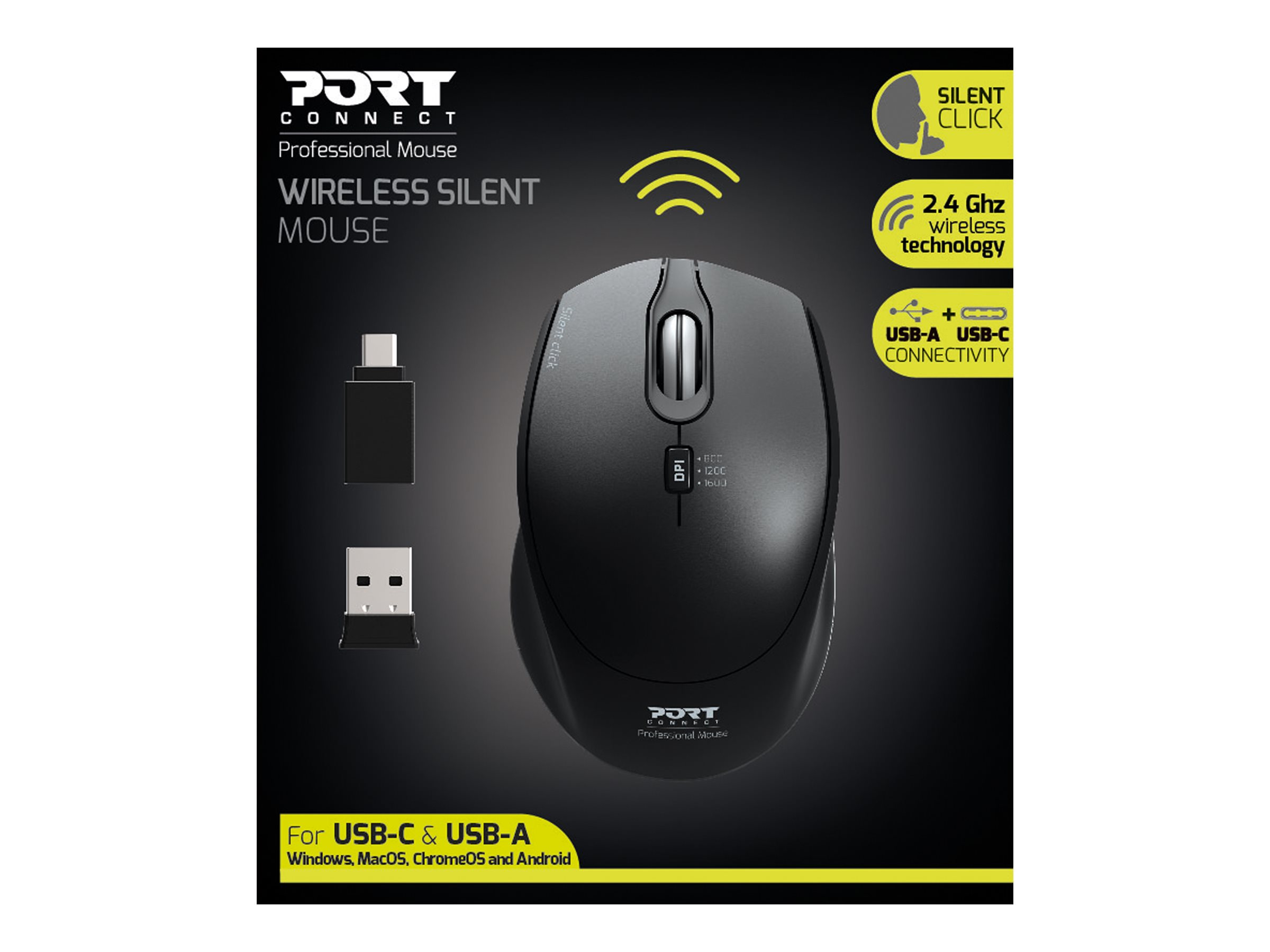 PORT Connect SILENT Kabellose Maus 2.4 GHz USB-A/USB-C Schwarz