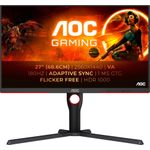 AOC G3 Q27G3XMN. Bildschirmdiagonale: 68,6 cm (27"), Display-Auflösung: 2560 x 1440 Pixel, HD-Typ: 2K Ultra HD, Bildschirmtechnologie: LED, Reaktionszeit: 5 ms, Natives Seitenverhältnis: 16:9, Bildwinkel, horizontal: 178°, Bildwinkel, vertikal: 178°. VESA-Halterung, Höhenverstellung. Produktfarbe: Schwarz (Q27G3XMN/BK)
