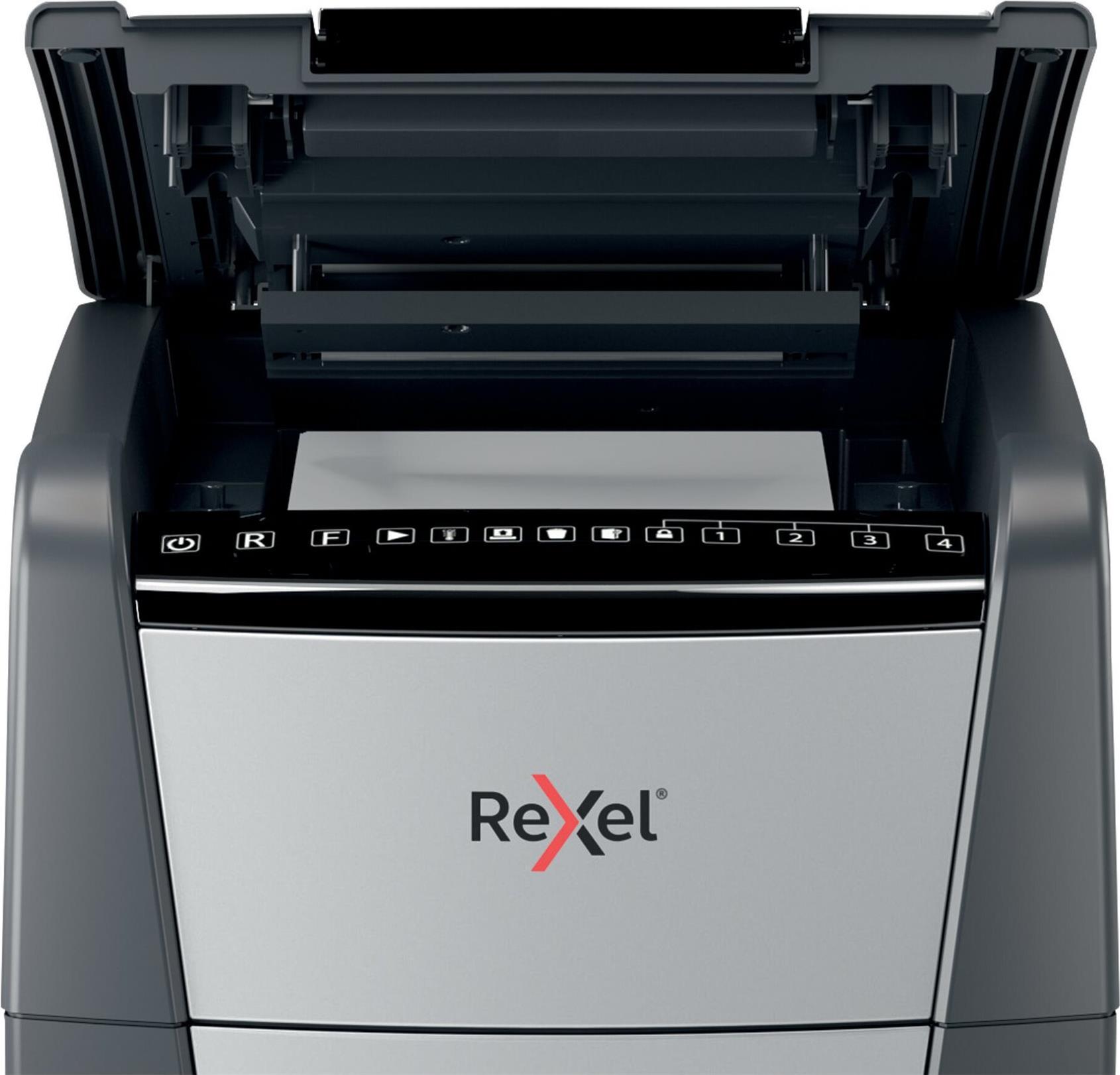 Rexel Optimum AutoFeed+ 300X Aktenvernichter 300 Blatt 4 x 25 mm Kreuzschnitt Schwarz, Grau