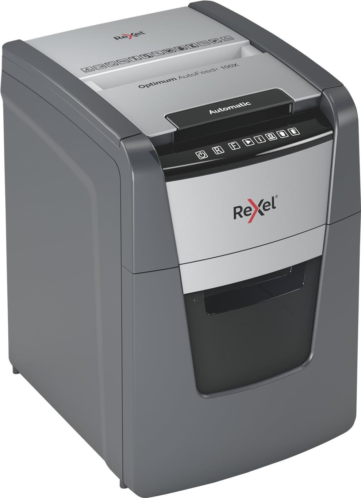 Rexel Optimum AutoFeed+ 100X Aktenvernichter Kreuzschnitt 4 x 28 mm P-4 Schwarz, Grau