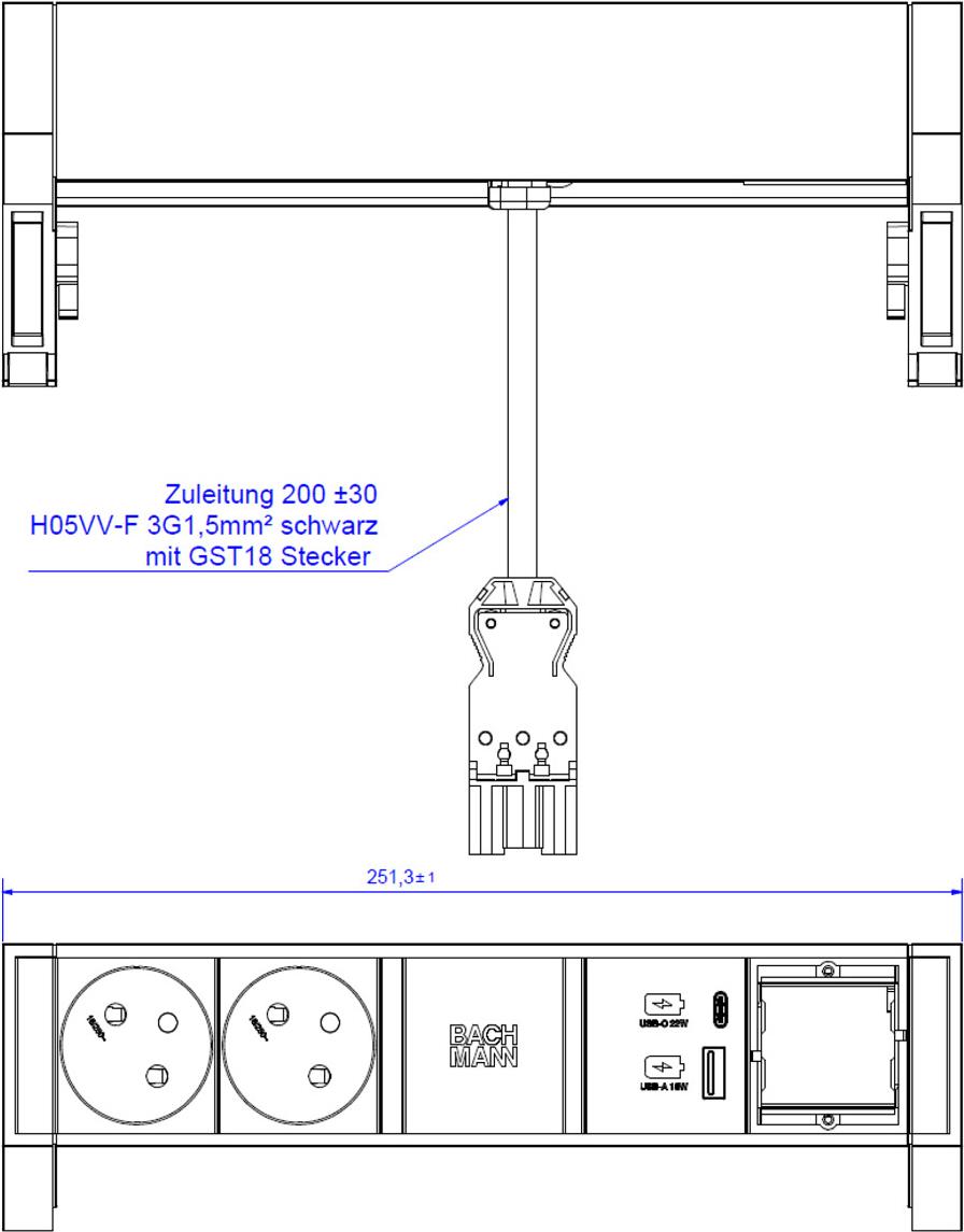 Bachmann DESK2 Steckdosenleiste Farbe schwarz, ähnlich RAL9005 mit erhöhtem Berührungsschutz 2xUTE 35° Steckdosen, schwarz 1xUSB A&C 22W Charger 1xCustom Modul leer Zuleitung 0,2m H05VV-F3G1,5mm² schwarz mit GST18i3 Stecker inkl. Haltewinkel Logo verpackt (902.983)