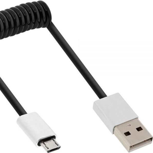 InLine® Micro-USB 2.0 Spiralkabel, USB-A Stecker an Micro-B Stecker, schwarz/Alu, flexibel, 3m (31730R)