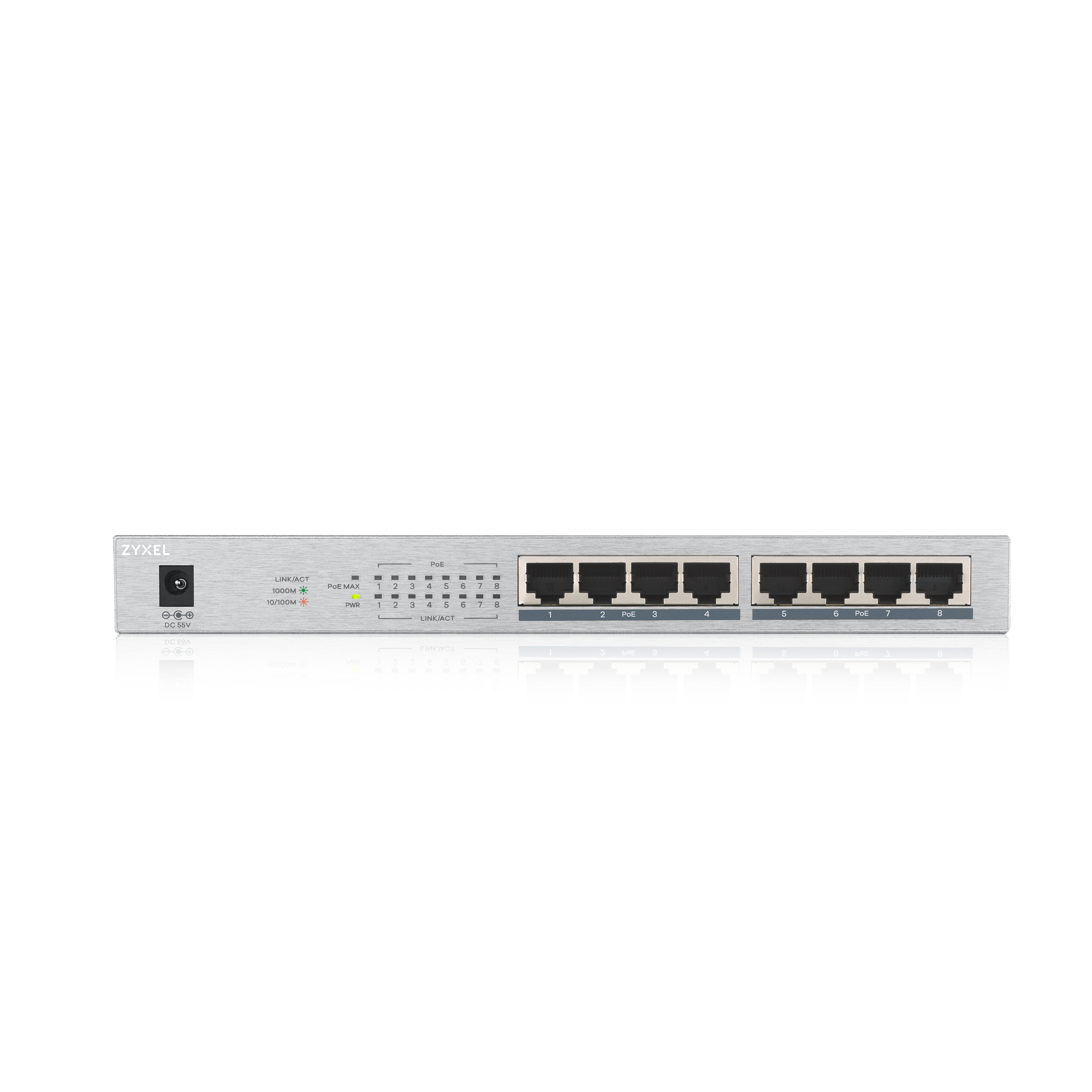 Zyxel GS1008HP Gigabit PoE+ Switch, 8 Ports, Unmanaged, 60 W PoE-Budget, Silber