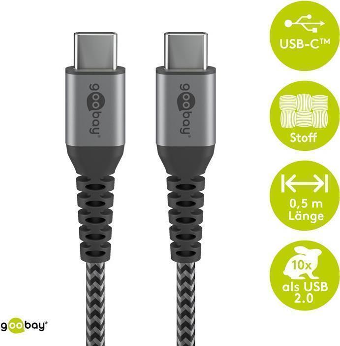 Goobay USB-C™ auf USB-C™ Textilkabel mit Metallsteckern (space grau/silber) 1 m, 1 m, Schwarz-Grau - elegantes und extra-robustes Verbindungskabel für Geräte mit USB-C™ Anschl (49302)