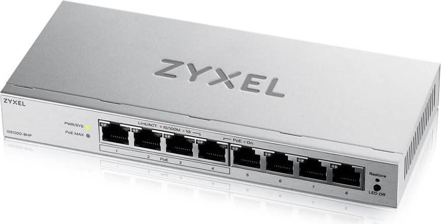 ZyXEL 8-Port Gigabit PoE+ Web / Smart Managed Switch, 4x PoE+, 68 Watt, (GS1200-8HPV3-EU0101F)