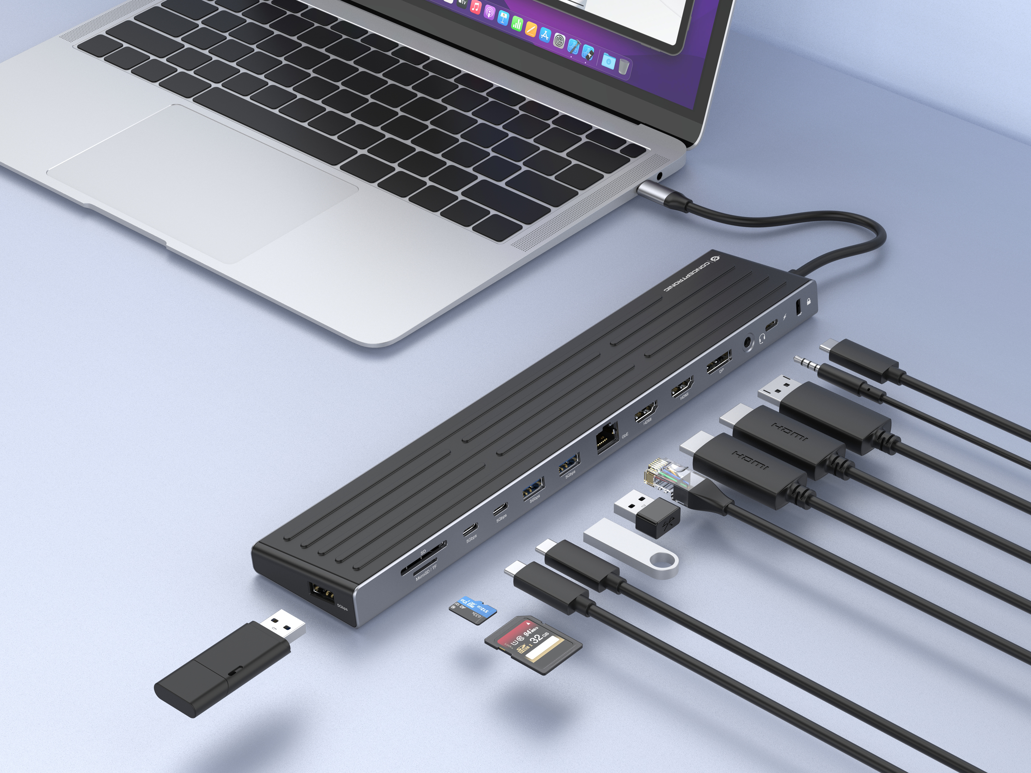 Conceptronic DONN32B 14-in-1 Dockingstation USB-C 2x HDMI DisplayPort 100W PD Grau, Silber