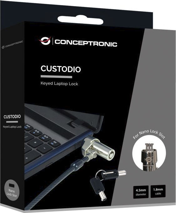 Conceptronic CUSTODIO02BN Sicherheitskabelschloss mit Schlüssel, Nano-Slot, 1,8 m, Schwarz