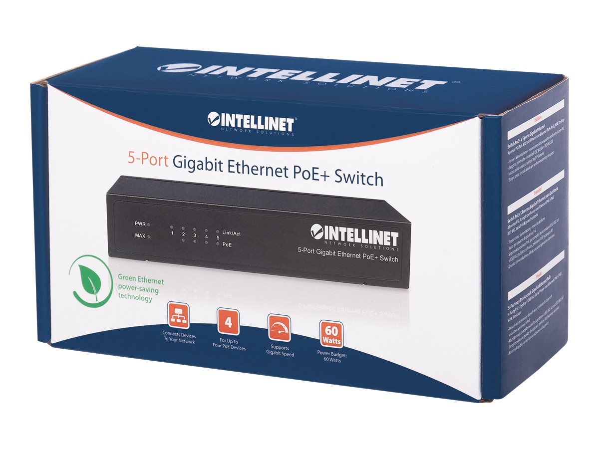 Intellinet 5-Port Gigabit Ethernet PoE+ Switch, 4x PoE+ 60 W, Desktop, Schwarz