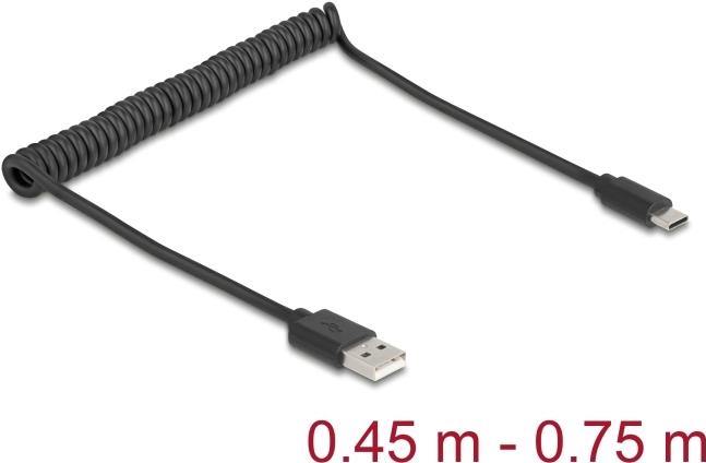 Delock USB 2.0 Spiralkabel Typ-A Stecker zu Type-C 0.45 m bis 0.75 (90368)