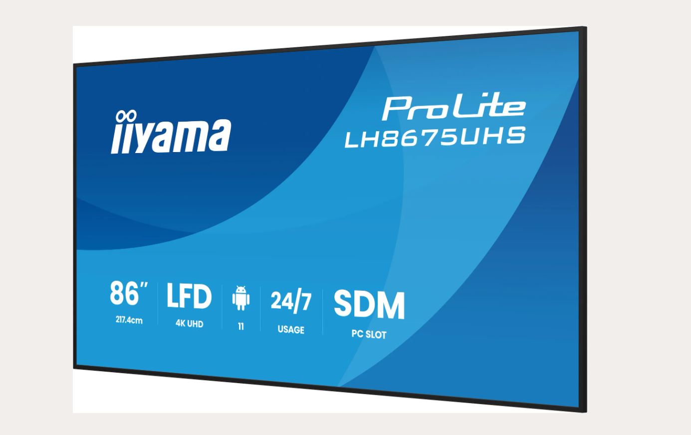 iiyama 86" 3840x2160, UHD IPS panel, Haze 25%, 500cd/m², Landscape and Portrait, Signal FailOver, Speakers 2x 10W, HDMI 3x, DisplayPort, DP-out (MST/HSMI/Mirror/Tiling), USB 2.0 x2, WiFi, LAN, Media Play USB Port, Control LAN / RS232C, iiSignage2 (CMS/DMS) [Energieklasse G] (LH8675UHS-B2AG)