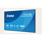 iiyama 86" 3840x2160, UHD IPS panel, Haze 25%, 500cd/m², Landscape and Portrait, Signal FailOver, Speakers 2x 10W, HDMI 3x, DisplayPort, DP-out (MST/HSMI/Mirror/Tiling), USB 2.0 x2, WiFi, LAN, Media Play USB Port, Control LAN / RS232C, iiSignage2 (CMS/DMS) [Energieklasse G] (LH8675UHS-B2AG)