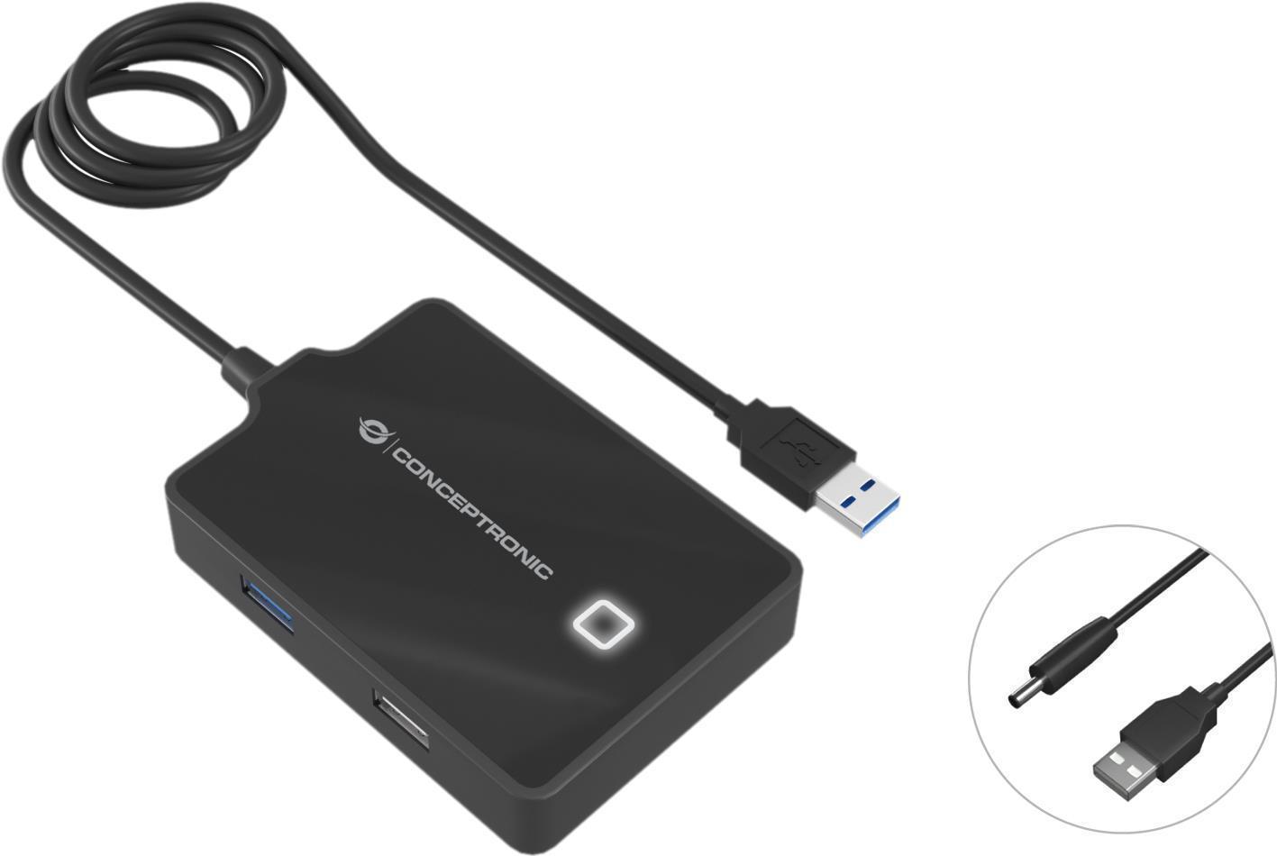 Conceptronic HUBBIES 4-Port-USB 3.0/2.0-Hub - 90cm Kabel - USB 3.2 Gen 1 (3.1 Gen 1) Type-A - USB 2.0 - USB 3.2 Gen 1 (3.1 Gen 1) Type-A - 5000 Mbit/s - Schwarz - 0,9 m - China (HUBBIES10B)