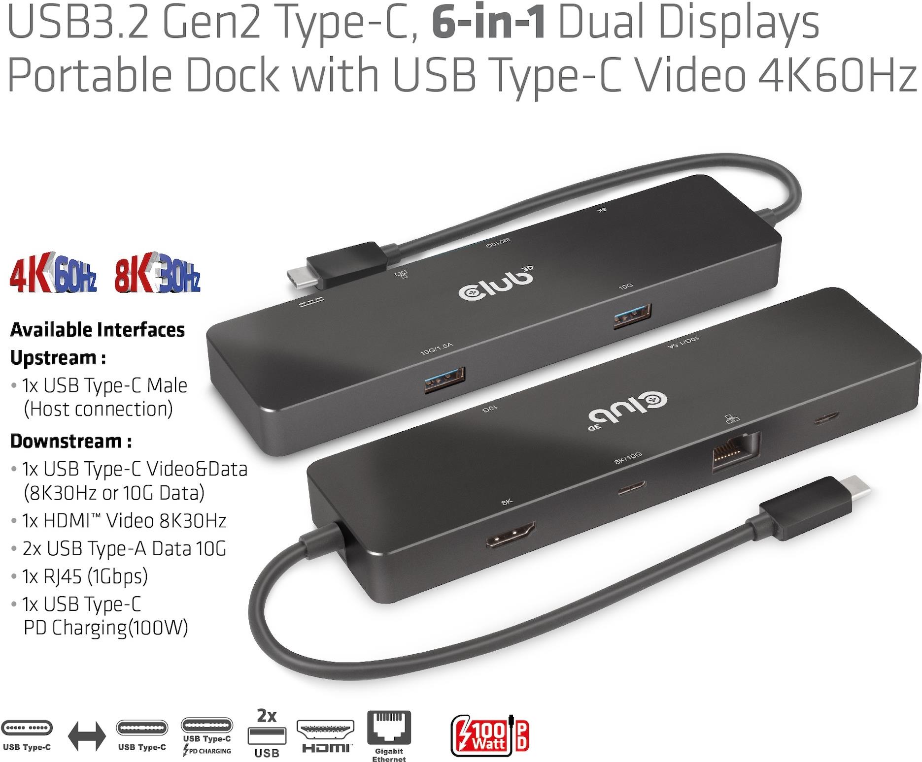 Club 3D CSV-1584 Tragbare USB-C Dockingstation Dual 4K@60Hz 100W Schwarz
