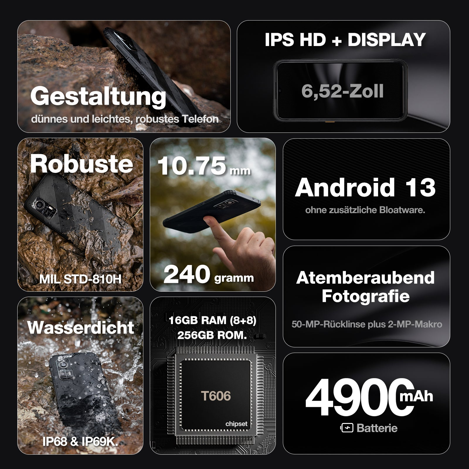 AGM H6 Outdoor-Smartphone 6,56" HD+ 8 GB RAM 256 GB Schwarz