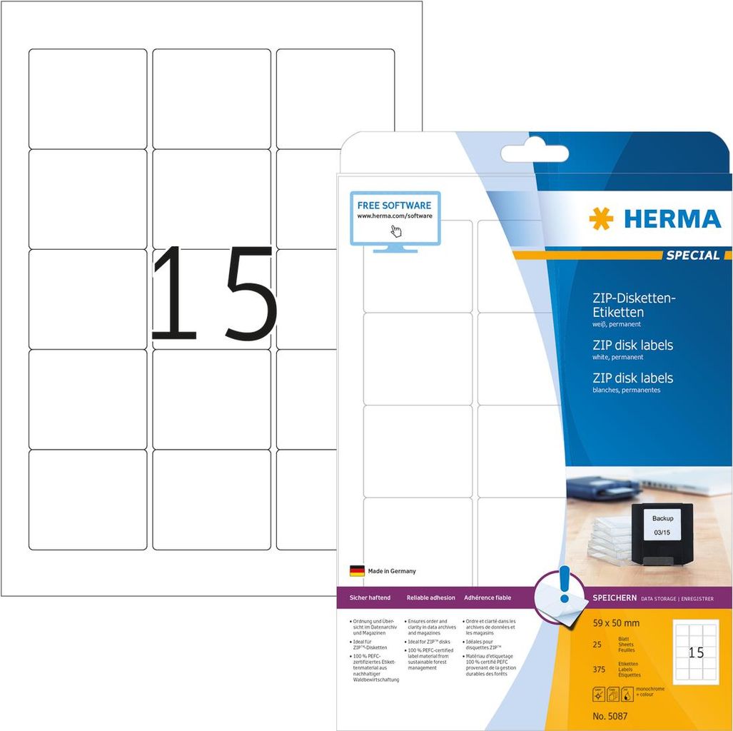 HERMA Special Permanent selbstklebende, matte Diskettenetiketten aus Papier (5087)