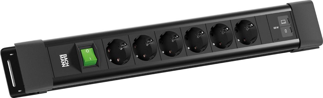 BACHMANN CONNECTUS 6xCEE7/3 1xSchalter, 1xUSB C/C 65W L=2,0m CEE7/7 schwarz (BM0022777)