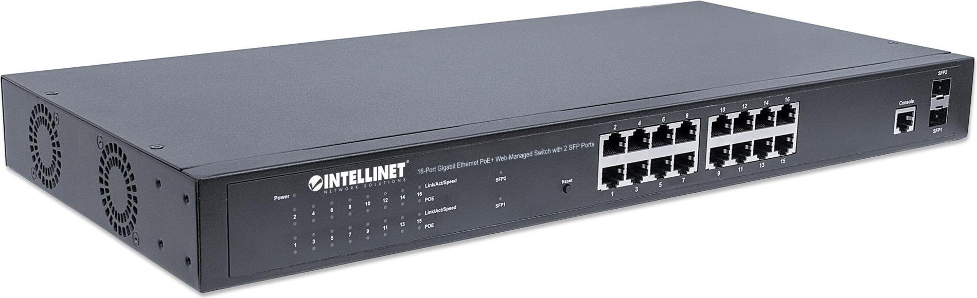 Intellinet 16-Port Gigabit Ethernet PoE+ Web-Managed Switch mit 2 SFP-Ports Schwarz