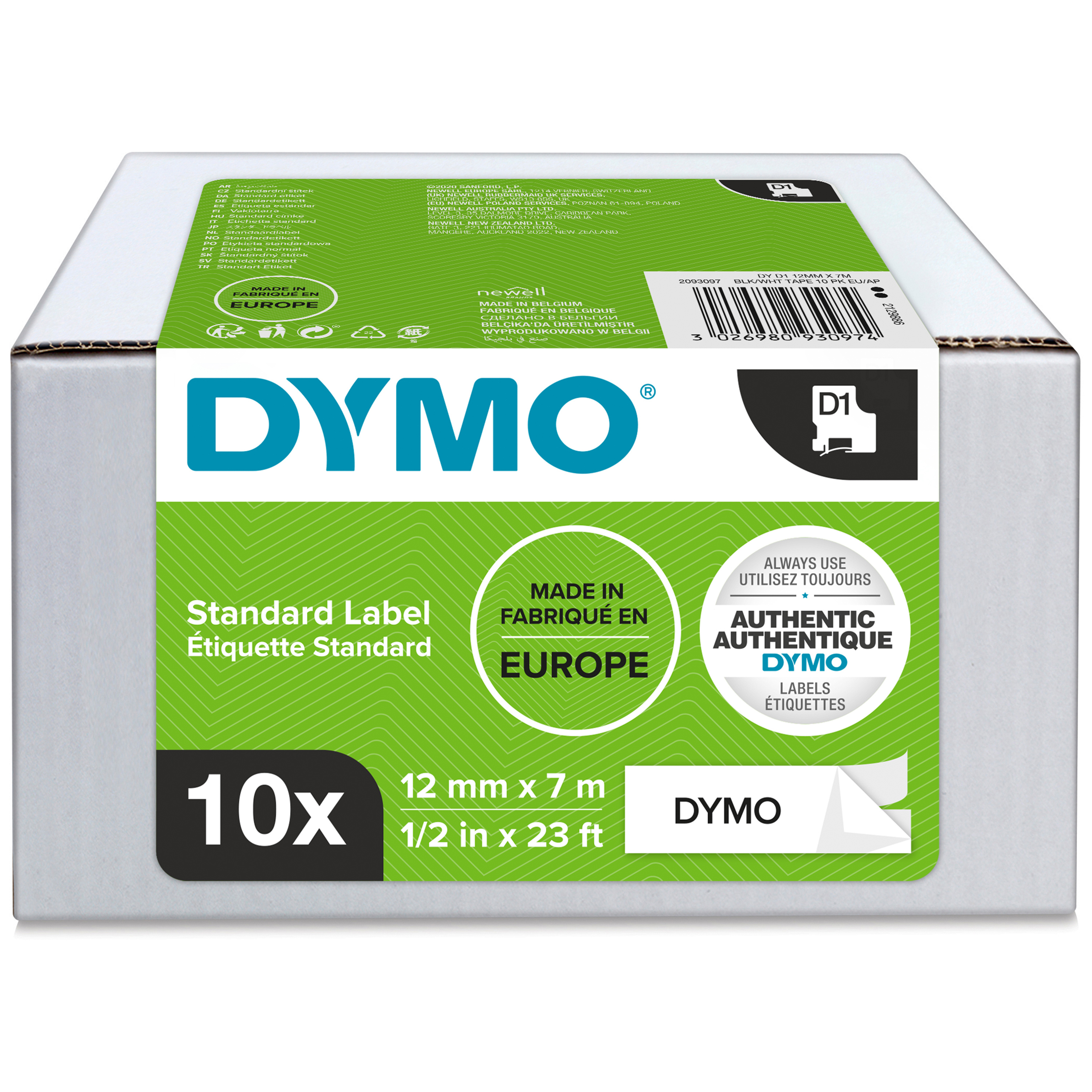 DYMO D1 Etikettenband 12 mm x 7 m 10 Rollen Schwarz auf Weiß