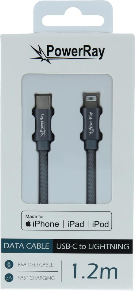 PowerRay Data Cable PR-DCCL120TGY, USB-C / LIGHTNING MFi 1.2m Textile grey, Blister (PR-DCCL120TGY)