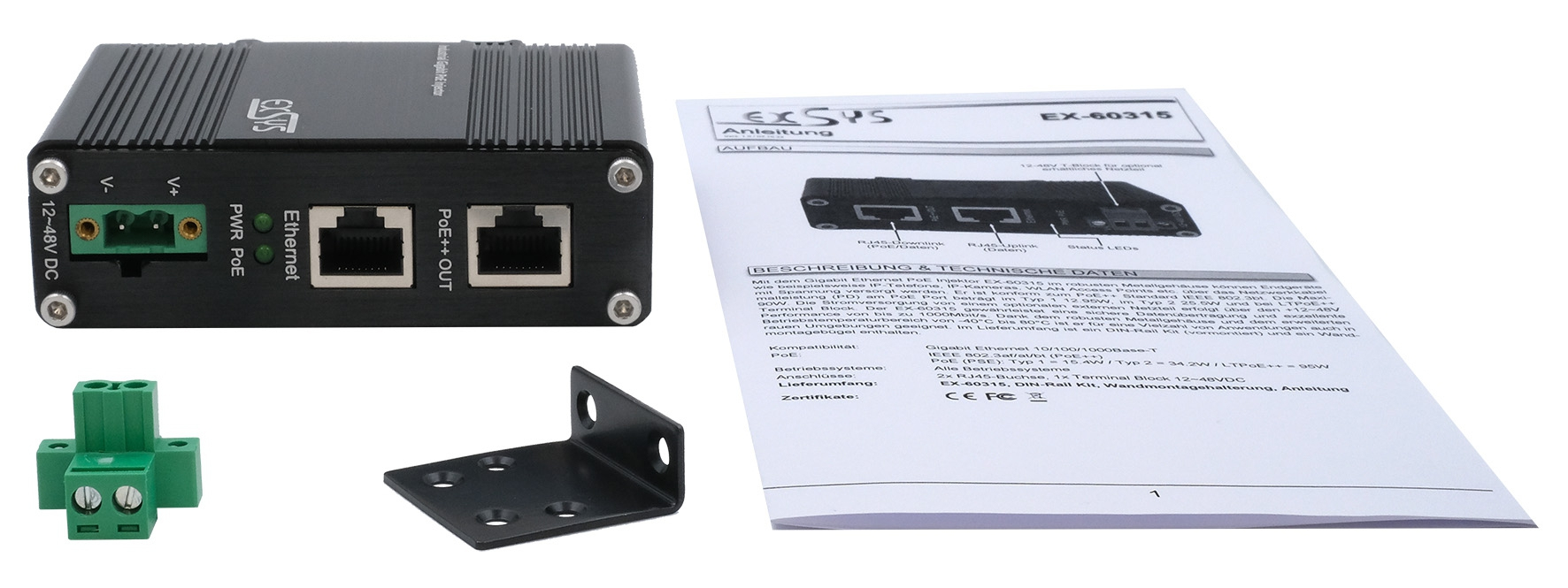 Exsys EX-60315 PoE++ Gigabit Injektor 90W Schwarz