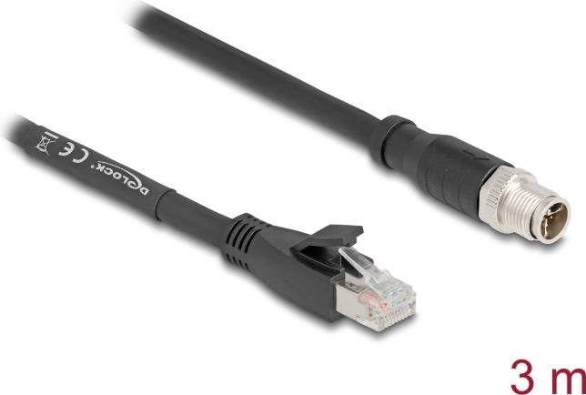 Delock M12 Kabel X-kodiert 8 Pin Stecker zu RJ45 Stecker Cat.5e S/FTP flexibel 3 m schwarz (80580)