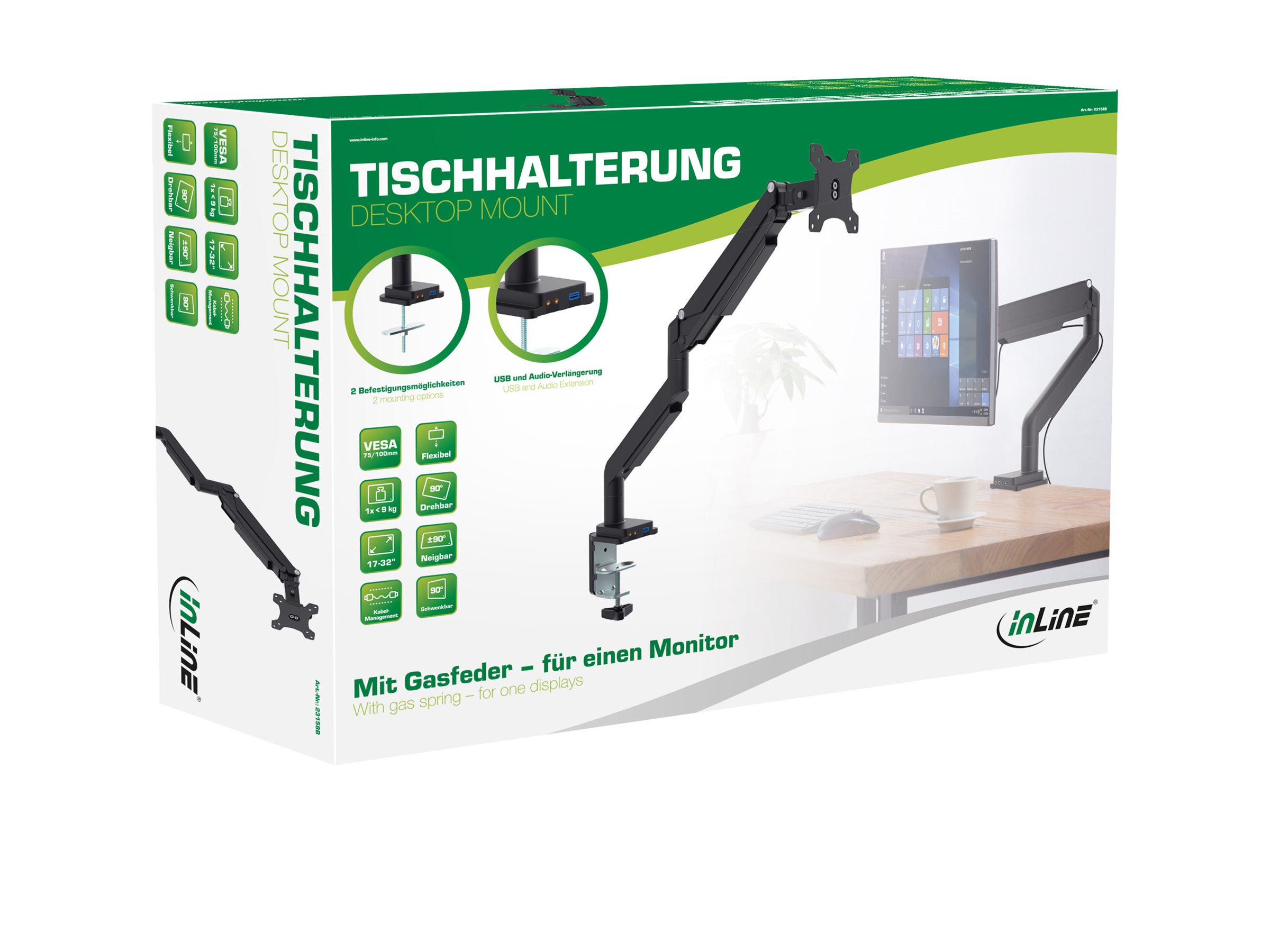 InLine Tischhalterung mit Lifter und USB/Audio für Monitore 17"-32" max. 9 kg Schwarz