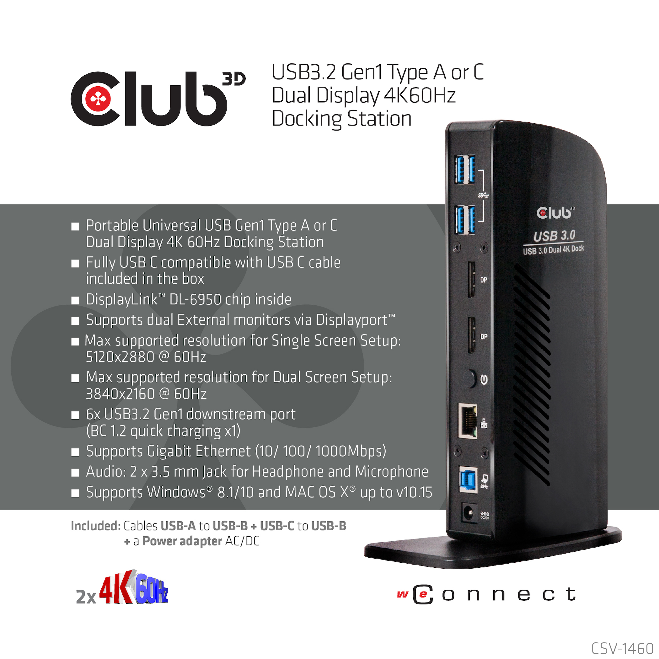 Club 3D SenseVision CSV-1460 USB 3.0 Dual Display 4K60Hz Dockingstation Schwarz