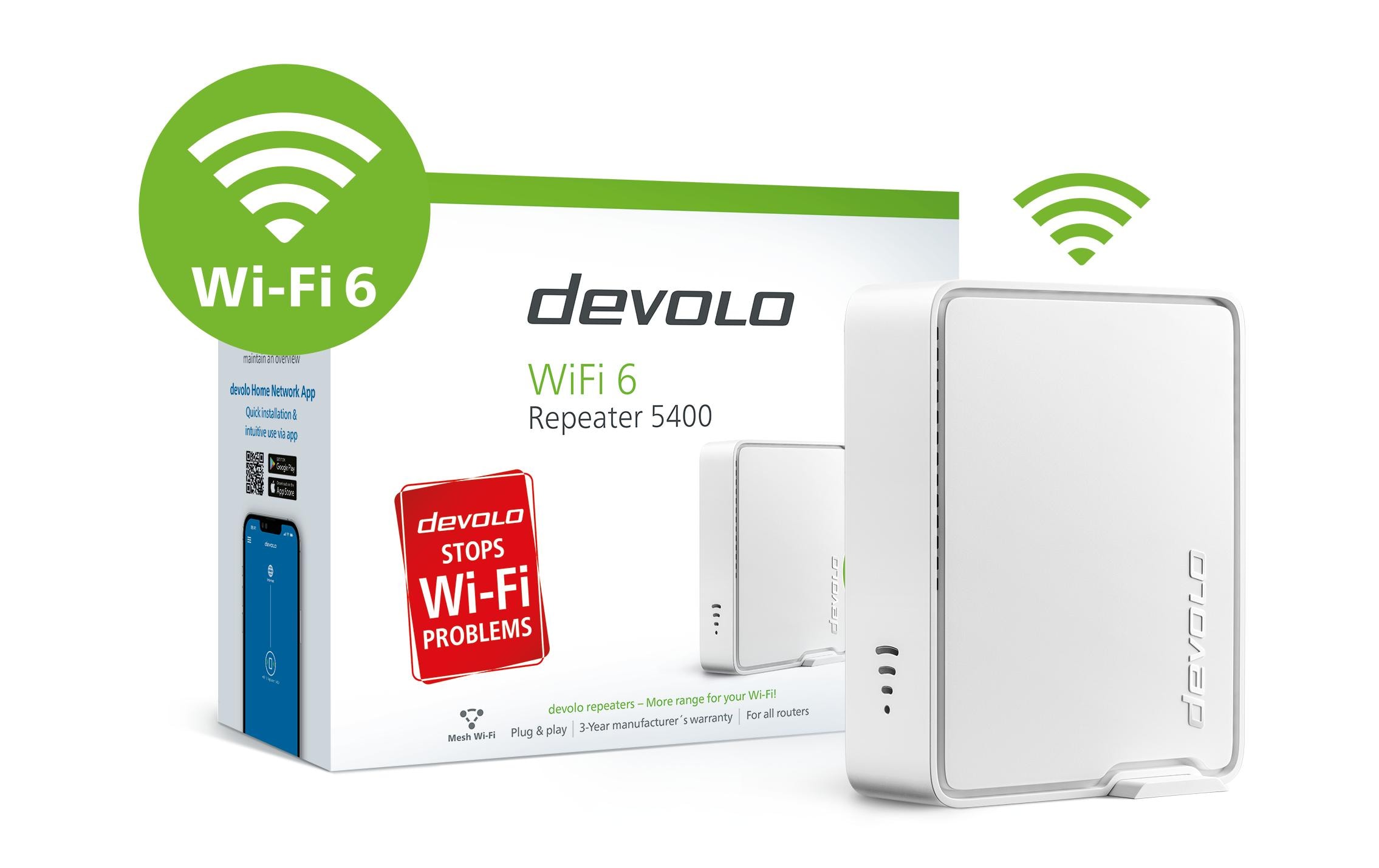 Devolo WiFi 6 Repeater 5400, 5400 Mbps, Wi-Fi 6 (802.11ax), 2x Gigabit LAN, Weiß