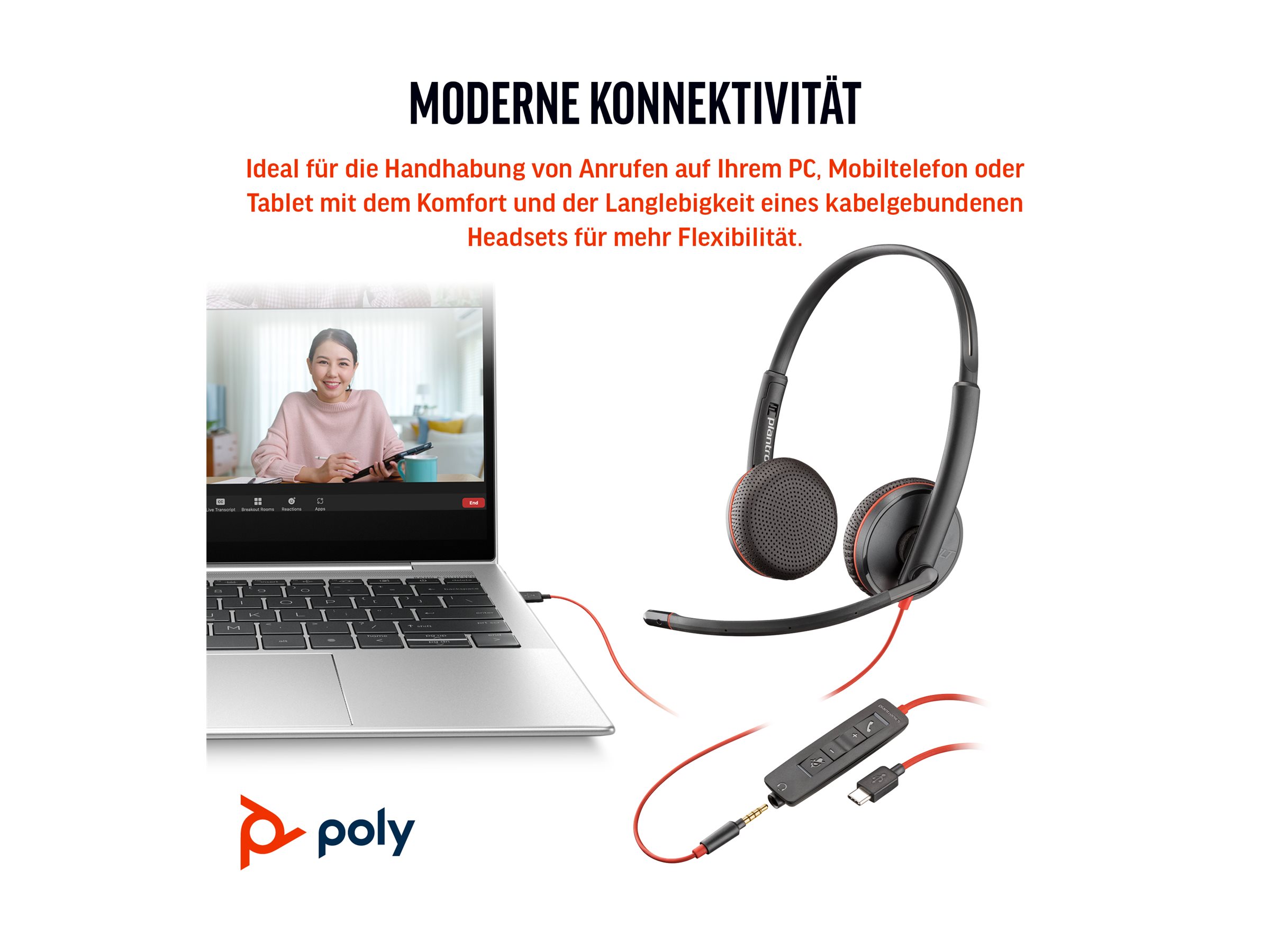 HP Poly Blackwire C3225 On-Ear Headset USB-C 3,5 mm Stecker Schwarz