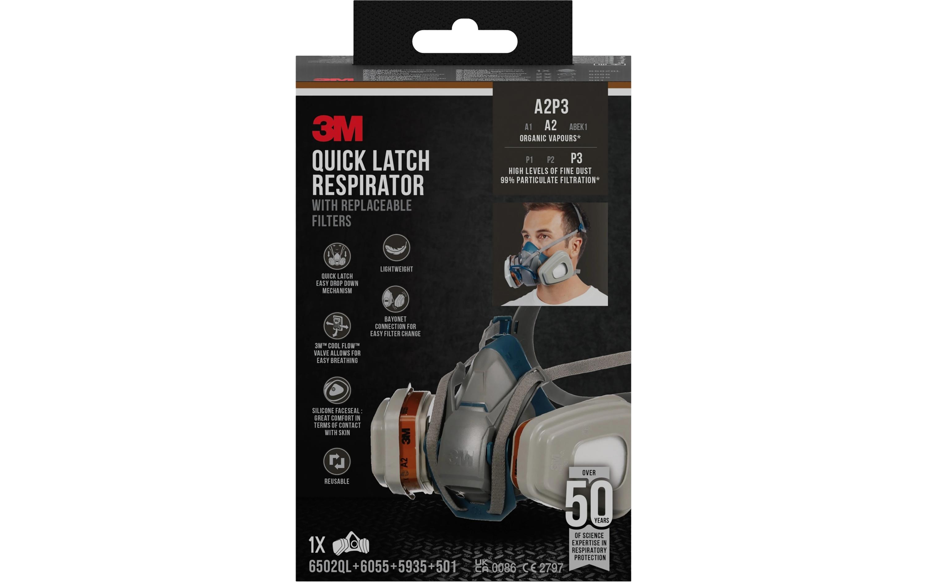3M Quick Latch 6502QLPRO Halbmasken-Atemgerät Schutzstufe A2P3 Blau, Grau