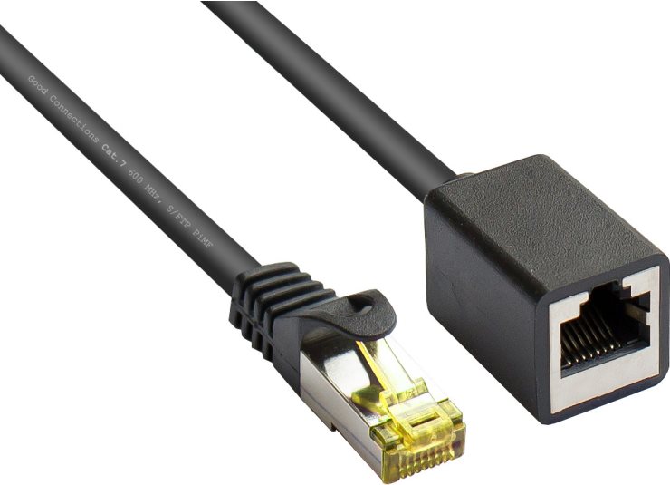 RJ45 Patchkabelverlängerung mitCat.7 Rohkabel und Rastnasenschutz (RNS®), S/FTP, PiMF, halogenfrei, 600MHz, OFC, schwarz, 3m, Good Connections® (8070VR-030S)