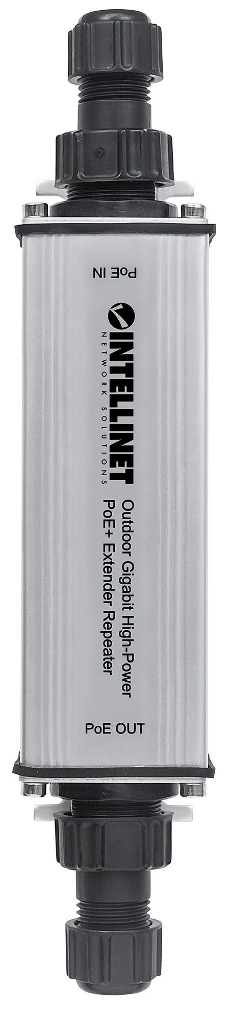Intellinet Outdoor Gigabit High-Power PoE+ Extender Repeater, IEEE 802.3at/af, bis 100 m, IP65, Schwarz, Grau
